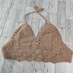 Steve L Hawaii Womens Crochet Crop Haulter Tank Top Tab Vneck Ties Coquette Boho